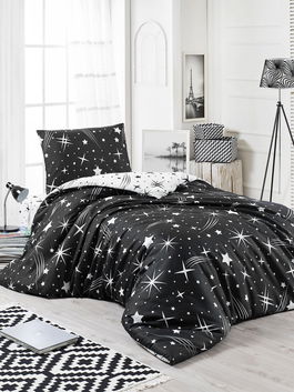 Lenjerie de pat pentru o persoana, L'essentiel Maison, Halley, 65% bumbac/35% poliester, Alb/Negru