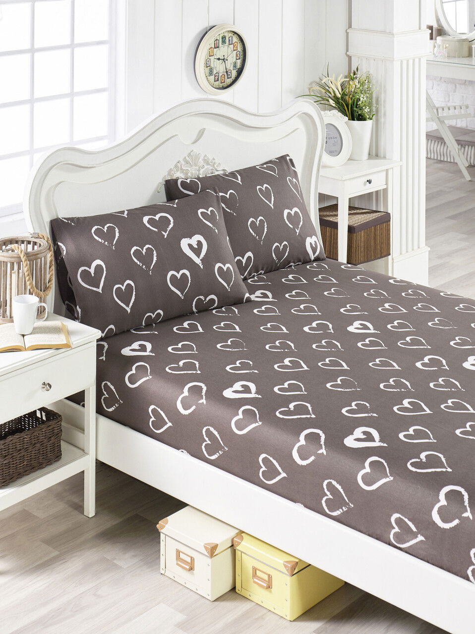 Set de pat pentru o persoana (cearceaf cu elastic si perna) 2 piese, L'essentiel Maison, Amaour, 65% bumbac/35% poliester, Maro/Alb