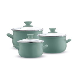 Set oale emailate 6 piese, Emalia Olkusz, 16 cm/18 cm/20 cm, 2 L/2.8 L/3.2 L, otel/sticla, verde