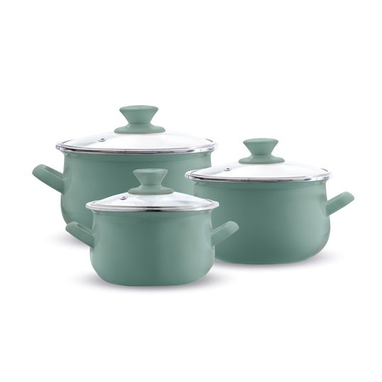 Set oale emailate 6 piese, Emalia Olkusz, 16 cm/18 cm/20 cm, 2 L/2.8 L/3.2 L, otel/sticla, verde
