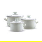 Set oale emailate 6 piese, Emalia Olkusz, 14 cm/16 cm/18 cm, 1.25 L/2 L/2.8 L, otel/sticla, crem