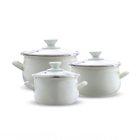 Set oale emailate 6 piese, Emalia Olkusz, 14 cm/16 cm/18 cm, 1.25 L/2 L/2.8 L, otel/sticla, crem