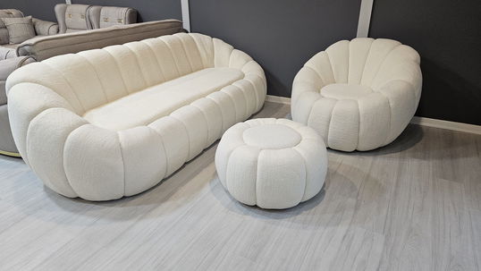 set Cloud Chic – canapea +2 fotolii +taburet din stofă bouclé crem