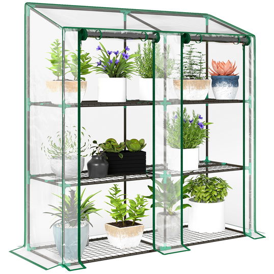 Outsunny Mini seră de grădină 3 nivele cu folie de plastic, 2 uși pliabile, 6 rafturi, dim. 143L x 46l x 141/151H cm | Aosom Romania
