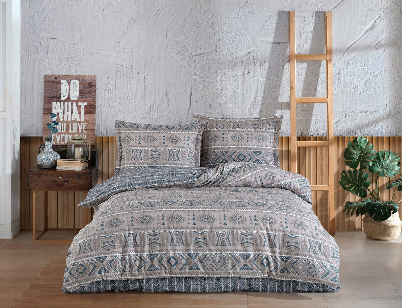 Lenjerie de pat dubla King (FR), L'essentiel Maison, Sufi İkat v2, Bej / Albastru