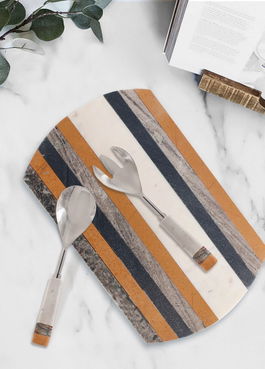 Set ustensile salata, Mia - Kitchenware, 280TMA1898, 100% MARMURA, Galben/Alb