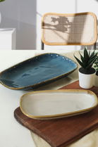 Set platouri servire, Keramika, 275KRM2151, Ceramica , Nu absoarbe apa, Alb/Albastru