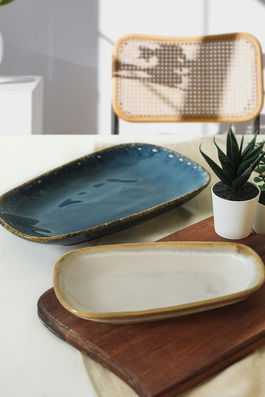 Set platouri servire, Keramika, 275KRM2151, Ceramica , Nu absoarbe apa, Alb/Albastru