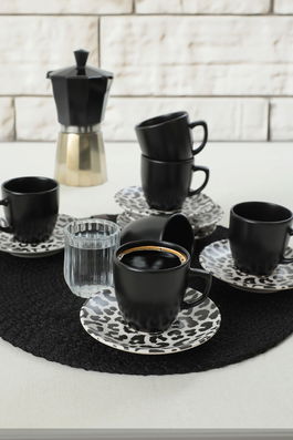 Set cesti de cafea, Keramika, 275KRM1915, Ceramica , Dimensiune ceașcă de cafea: 6 x 6 x 6 cm / 95 ml (6 bucăți), Alb/Negru
