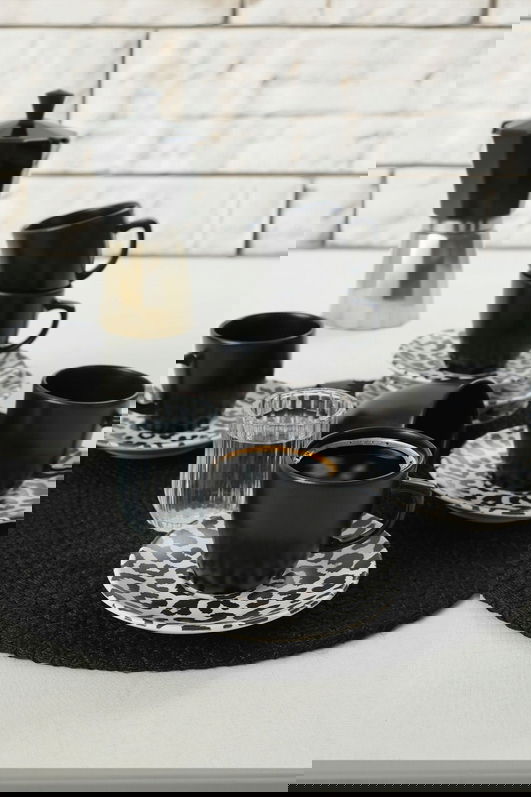 Set cesti de cafea, Keramika, 275KRM1915, Ceramica , Dimensiune ceașcă de cafea: 6 x 6 x 6 cm / 95 ml (6 bucăți), Alb/Negru