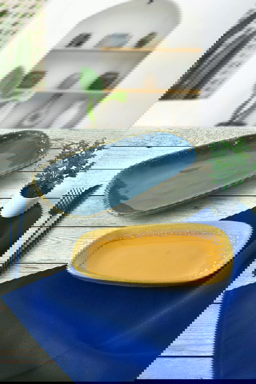 Set platouri servire, Keramika, 275KRM2227, Ceramica , Nu absoarbe apa, Muștar / Albastru