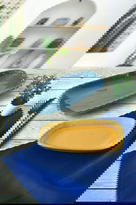 Set platouri servire, Keramika, 275KRM2227, Ceramica , Nu absoarbe apa, Muștar / Albastru