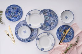 Serviciu de masa, Rekitchen, 513RKT1108, Portelan , Farfurie intinsa 25 cm, Bleumarin / Turcoaz / Negru / Roșu