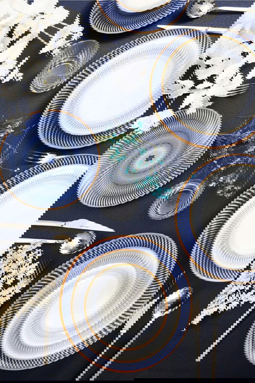 Serviciu de masa, Beros, 973BRS3145, Portelan , Farfurie intinsa 25 cm, Alb/Albastru