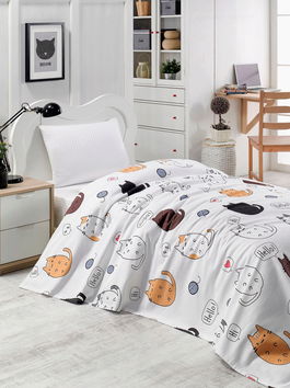 Cuvertura pique Single, L'essentiel Maison, Hello Cats, Bumbac, White / Black / Orange / Blue / Pink