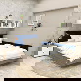 Oferta Pat copii de colt PRIMAVERA, Oak, Catifea Albastra cu saltea inclusa