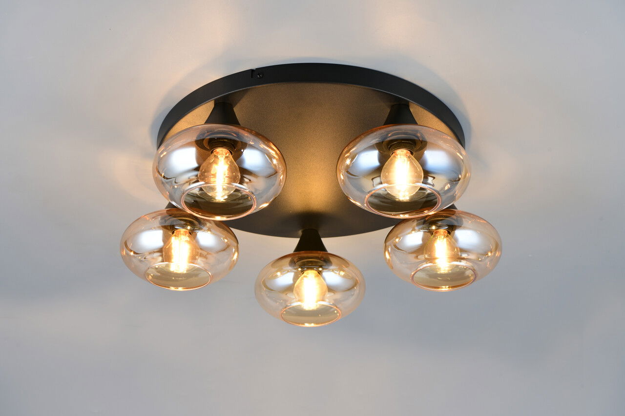 Plafoniera Divina, RL, 49x15 cm, 10W, 5x E14, sticla, negru/chihlimbar