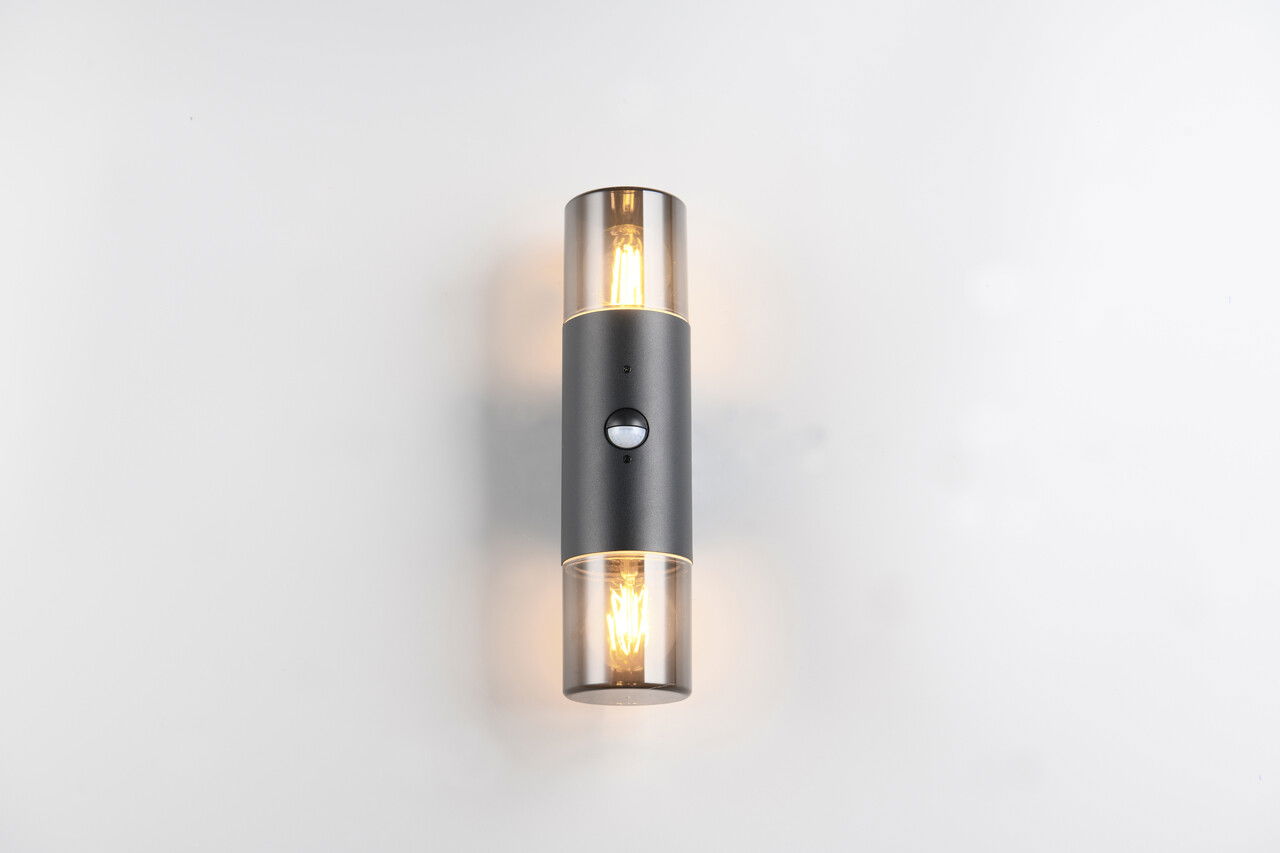 Aplica de perete pentru exterior cu senzor Hoosic, TRIO, 8.5x11.8x33 cm, 28W, 2x E27, aluminiu, negru mat