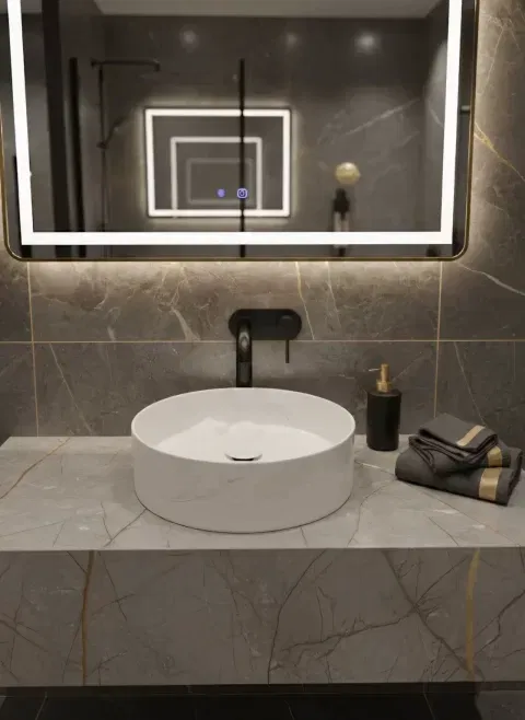 Lavoar Rotund Alb din Ceramică cu Finisaj Marble Subtil - a712-cugo04-m