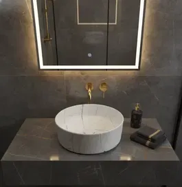 Lavoar Ceramic Rotund Alb cu Model Marmură Neagră a712-p429m