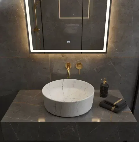 Lavoar Ceramic Rotund Alb cu Model Marmură Neagră a712-p429m