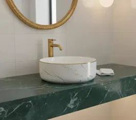 Lavoar rotund ceramic A524B-KG268 – alb marmorat cu accente aurii
