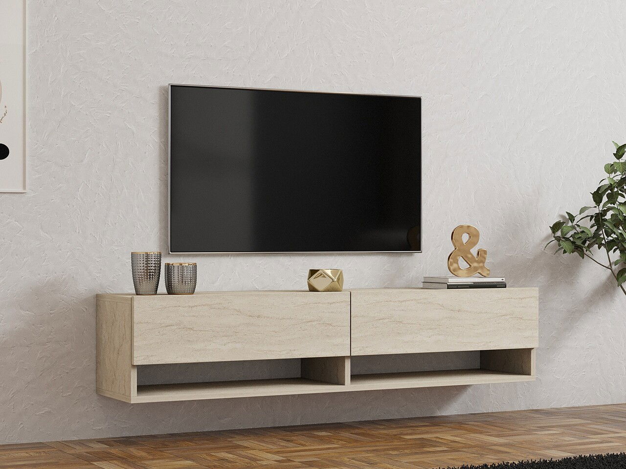 Comoda TV, Asse Home, Arges, 141x31x30 cm, PAL , Travertin