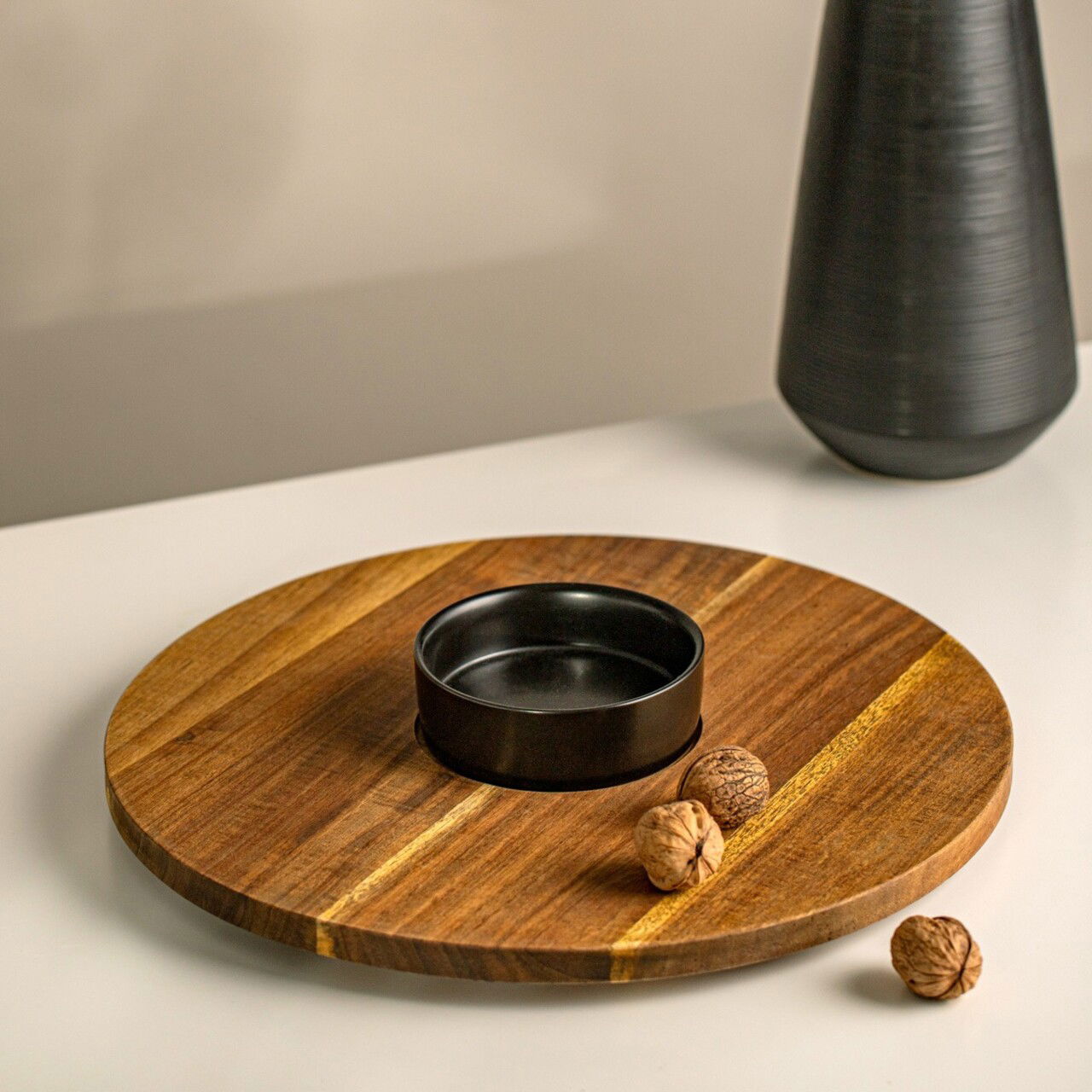 Platou servire si bol Fresca, Homla, 35x1.5 cm, lemn/ceramica, natur/negru