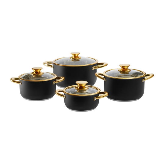 Set oale 8 piese Royal, Ambition, 16 cm/18 cm/20 cm/24 cm, otel/sticla, negru/auriu