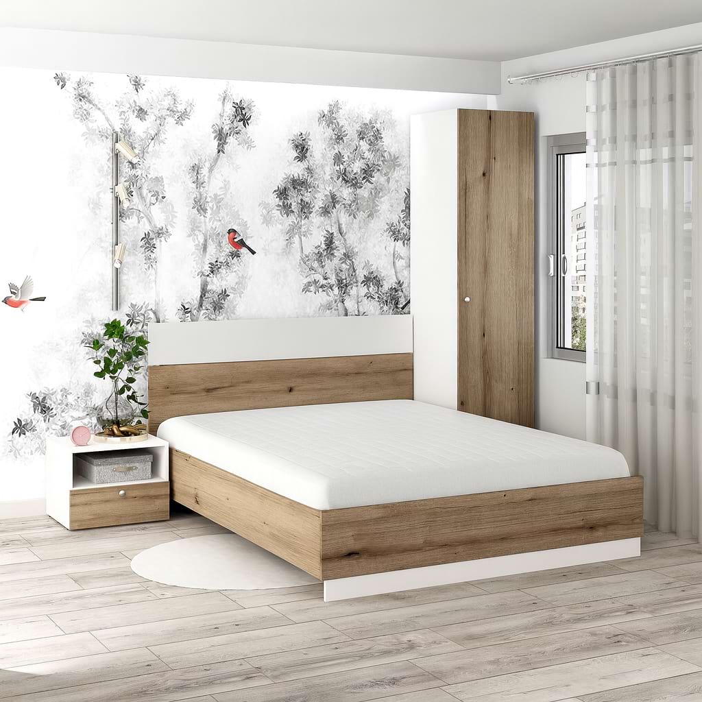 Oferta Dormitor ARONA 1, pat matrimonial, Alb Portelan, Stejar cu saltea inclusa