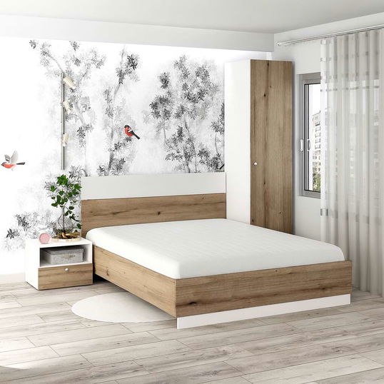 Oferta Dormitor ARONA 1, pat matrimonial, Alb Portelan, Stejar cu saltea inclusa