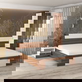 Oferta Dormitor ARONA 1, pat matrimonial cu sertar frontal, Alb Portelan, Nuc Warmia cu saltea inclusa