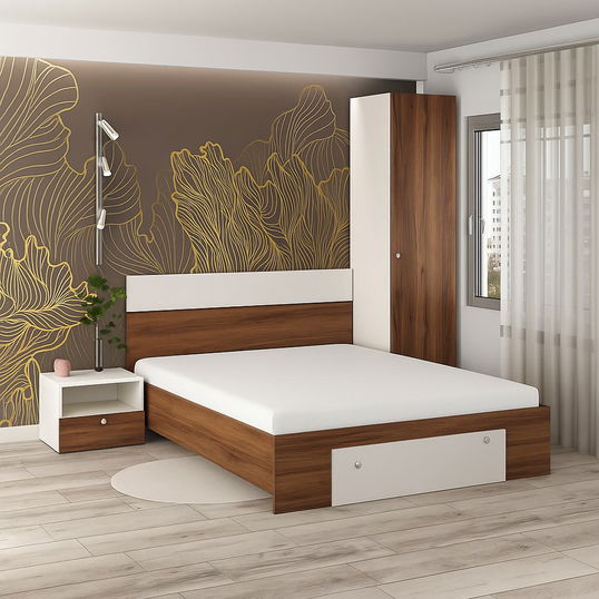 Oferta Dormitor ARONA 1, pat matrimonial cu sertar frontal, Alb Portelan, Nuc Warmia cu saltea inclusa