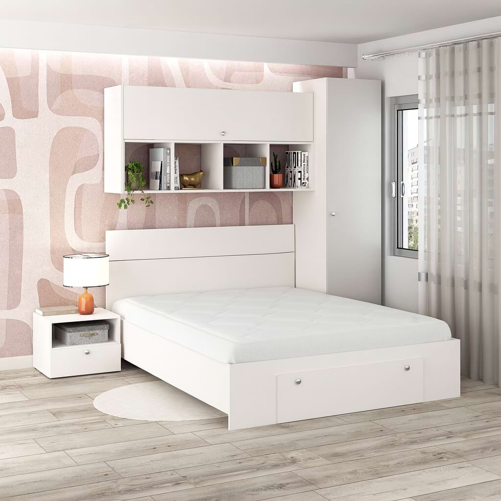 Oferta Dormitor ARONA 2, pat matrimonial sertar frontal, Alb Portelan cu saltea inclusa