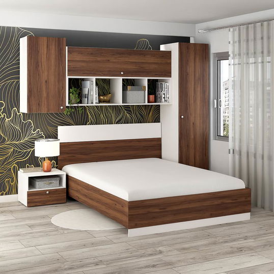 Oferta Dormitor ARONA 3, pat matrimonial, Alb Portelan, Nuc Warmia cu saltea inclusa