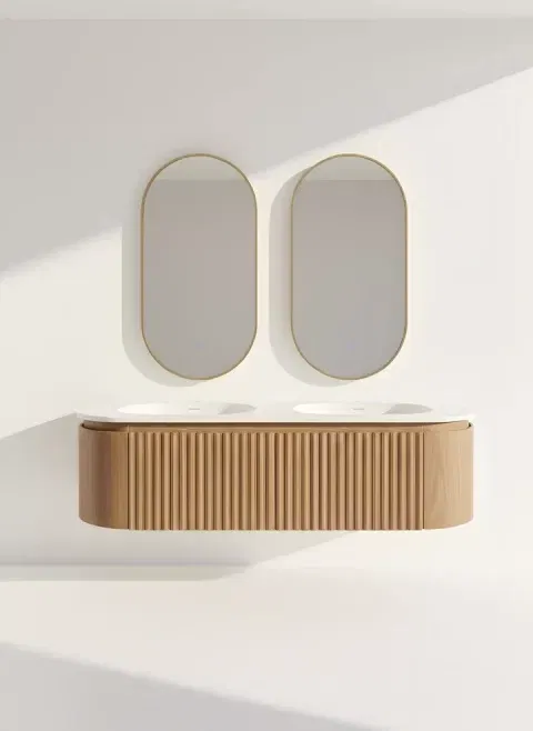 Set Mobilier Baie Dublu din Lemn cu Două Lavoare & Oglinzi LED – Design Premium