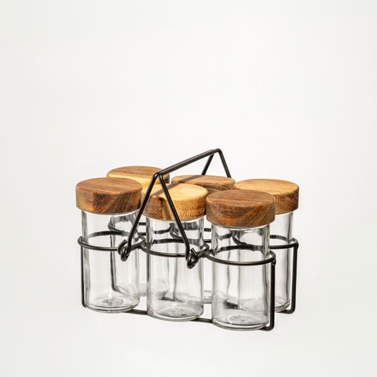 Set 6 recipiente pentru condimente Mettere, Homla, 80 ml, sticla/lemn, transparent/natur
