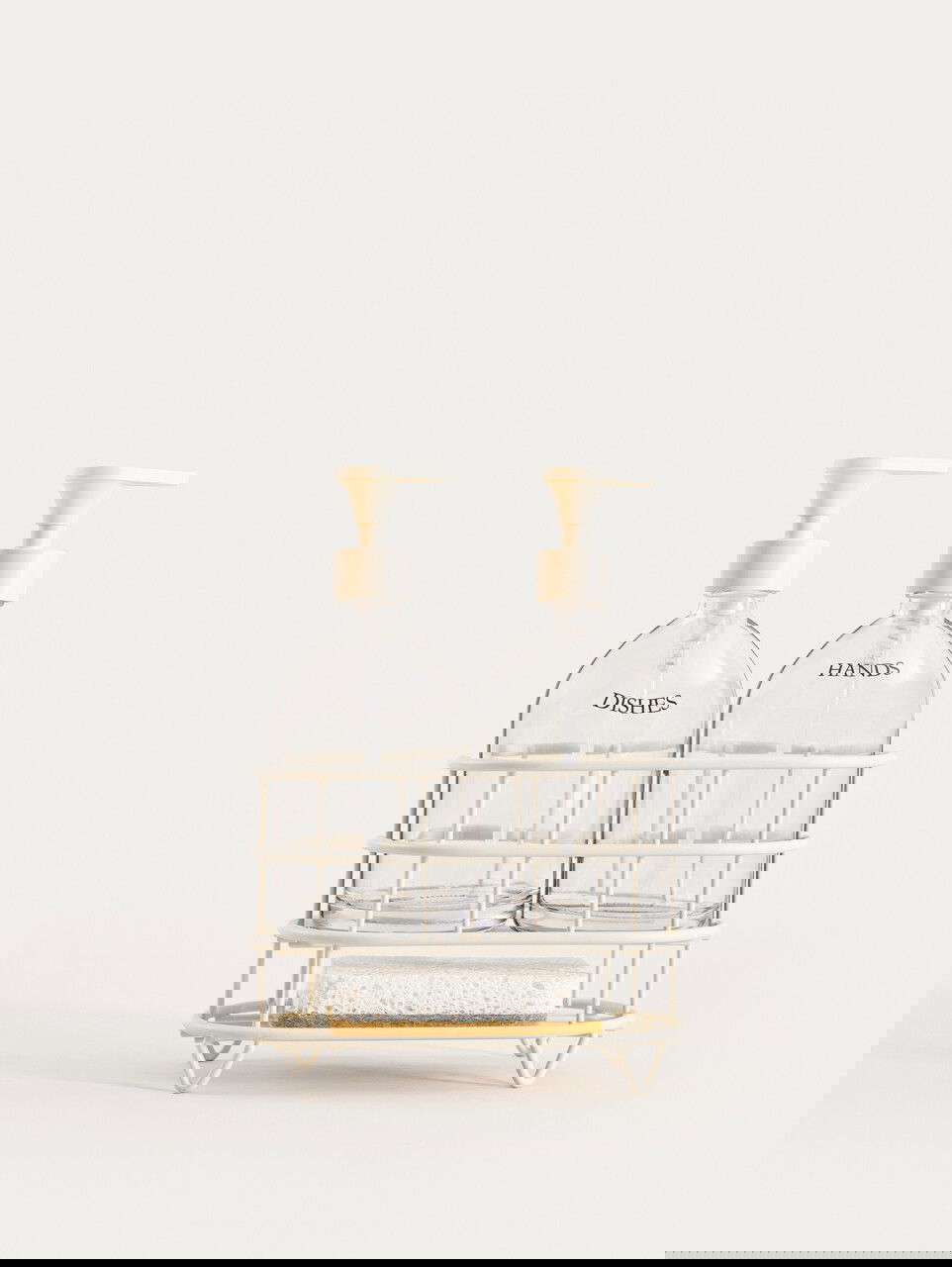 Set 2 dozatoare sapun/detergent lichid si suport Nerja, Homla, 22x10.5x19.5 cm, sticla/plastic/metal, crem/transparent