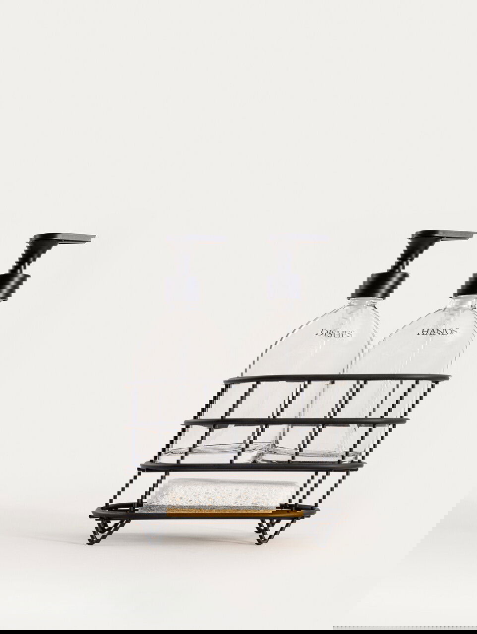 Set 2 dozatoare sapun/detergent lichid si suport Nerja, Homla, 22x10.5x19.5 cm, sticla/plastic/metal, negru/transparent