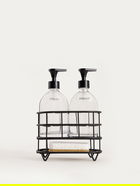 Set 2 dozatoare sapun/detergent lichid si suport Nerja, Homla, 22x10.5x19.5 cm, sticla/plastic/metal, negru/transparent