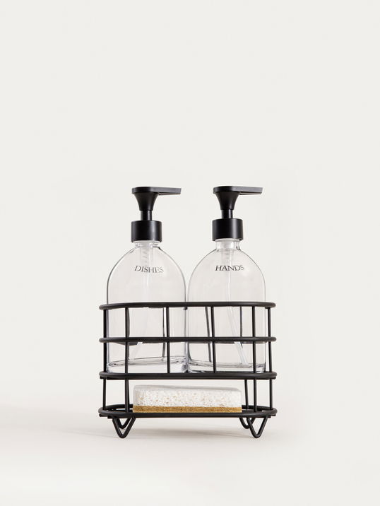 Set 2 dozatoare sapun/detergent lichid si suport Nerja, Homla, 22x10.5x19.5 cm, sticla/plastic/metal, negru/transparent