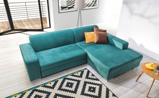 Coltar Comis Extensibil cu Arcuri Ondulate si Spuma Poliuretanica, Sezlong pe Dreapta, Suprafata de Dormit 215x125 cm, cu Lada de Depozitare, Perne Incluse, l268xA179xH77 cm