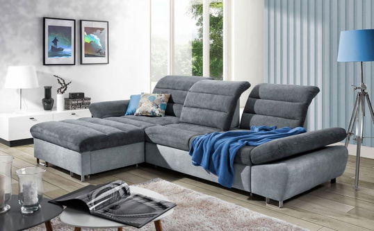 Coltar Romisa Medium Extensibil cu Arcuri Ondulate si Spuma Poliuretanica, Sezlong pe Stanga, Suprafata de Dormit 250x140 cm, cu Sertar de Depozitare, Spatar/Tetiere/Cotiere Reglabile, l306xA190xH91 cm