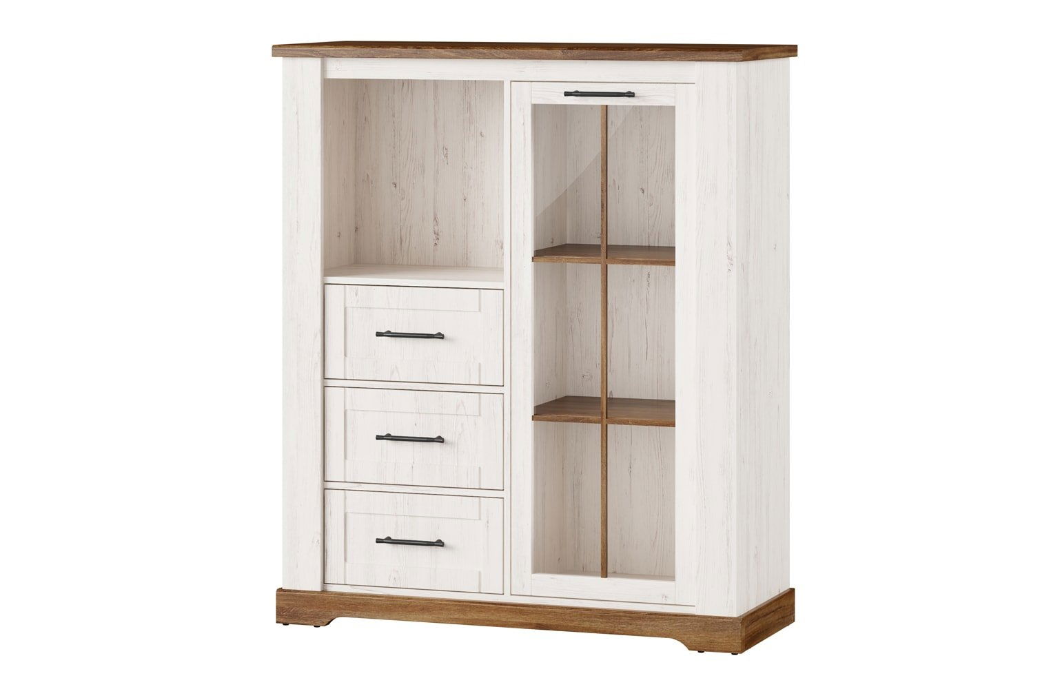 Vitrina din pal, cu 3 sertare si 1 usa Country 15 Alb / Stejar, l116xA45xH137 cm