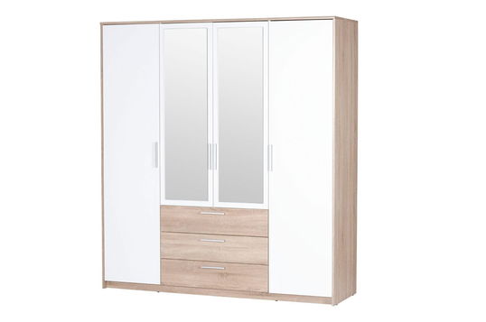 Dulap din pal, cu 4 usi, 3 sertare si oglinda, Milo 02 Stejar Sonoma / Alb, l187xA62xH206 cm