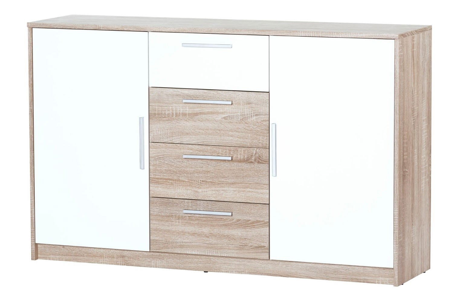 Comoda din pal, cu 4 sertare si 2 usi Milo 05 Stejar Sonoma / Alb, l145xA38xH90 cm