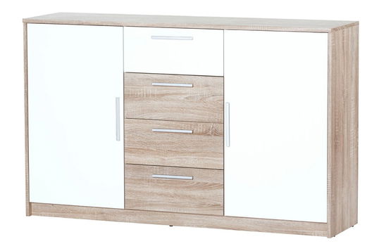 Comoda din pal, cu 4 sertare si 2 usi Milo 05 Stejar Sonoma / Alb, l145xA38xH90 cm