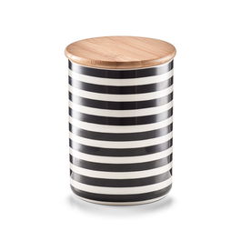 Recipient ceramic pentru depozitare Stripes, capac din bambus, Black/White, 580 ml, Ø 10xH13 cm