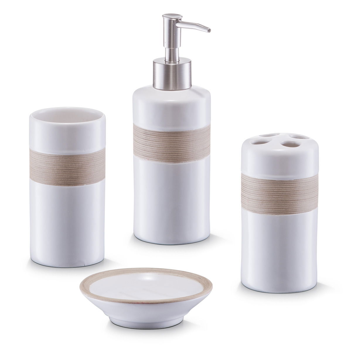 Set 4 accesorii pentru baie din ceramica, Beige / Brown