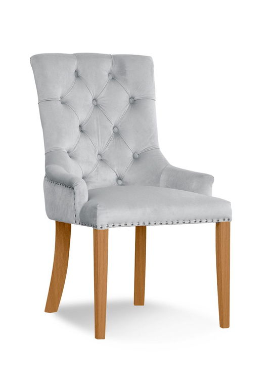 Scaun tapitat cu stofa si picioare din lemn August Velvet Argintiu / Stejar, l59xA70xH96 cm